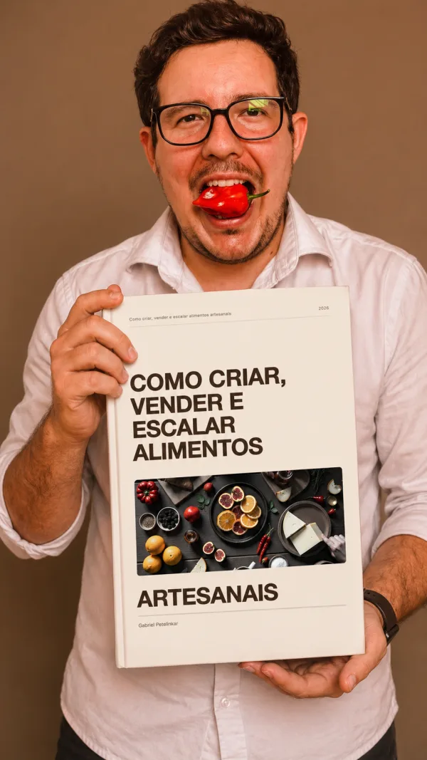 Gabriel Petelinkar segurando o ebook Como Criar, Vender e Escalar Alimentos Artesanais